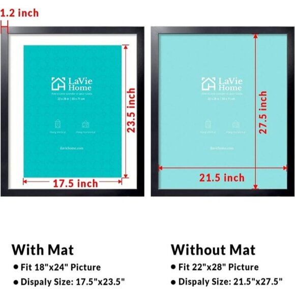 Home 22x28 Picture Frame Black Poster Display 18x24 with Mat or full Without Mat - Picture 5 of 7